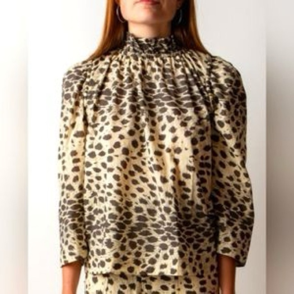 Sea New York Beige and Brown Leopard Print High-Neck Blouse